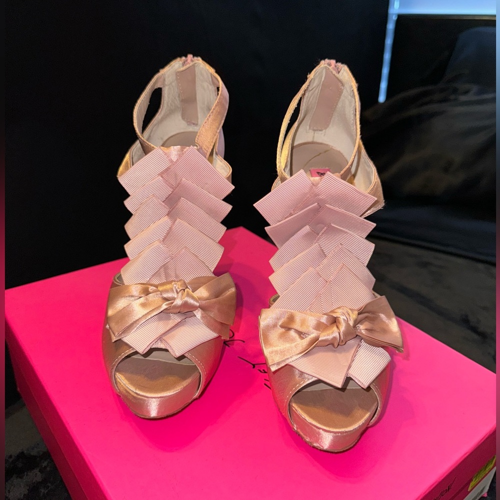 Blush pink satin rhinestone heels